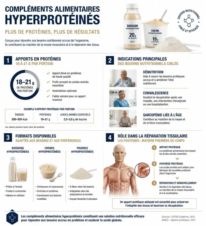 Infographie sur les bienfaits et l'utilisation des compléments alimentaires hyperprotéinés en pharmacie