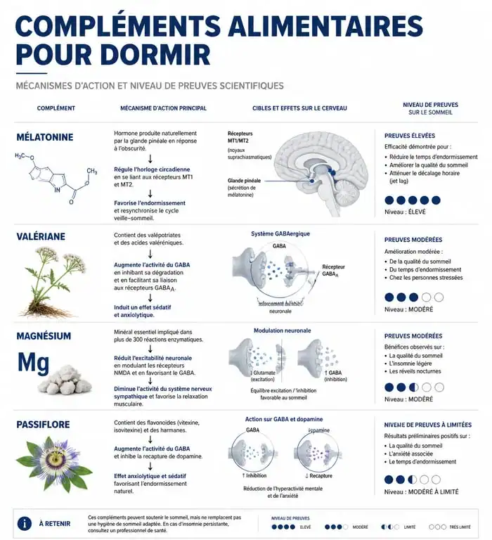 Infographie sur les compléments alimentaires pour dormir et leurs mécanismes d'action