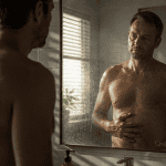 graisse sur le ventre homme reflet salle de bain
