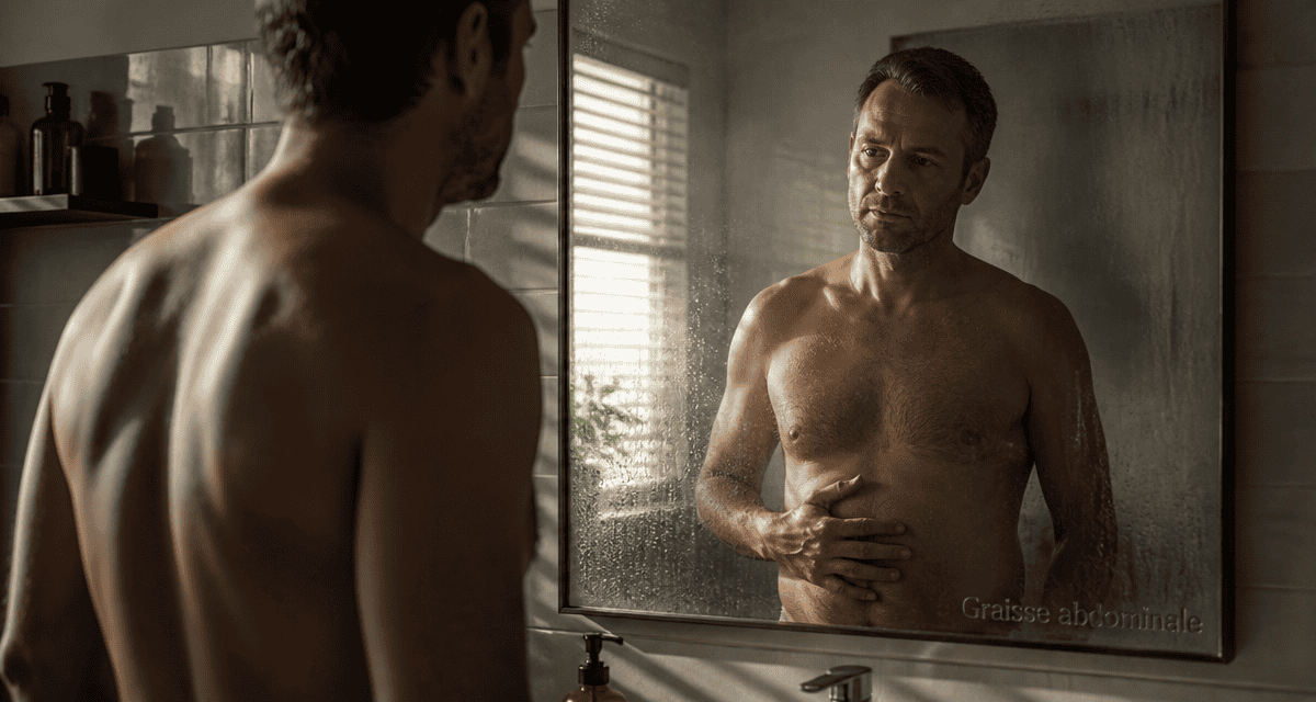 graisse sur le ventre homme reflet salle de bain