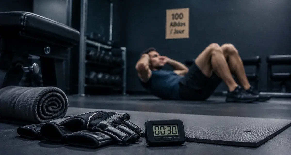 100 abdos par jour : crunch sur tapis, chronomètre et affichage défi