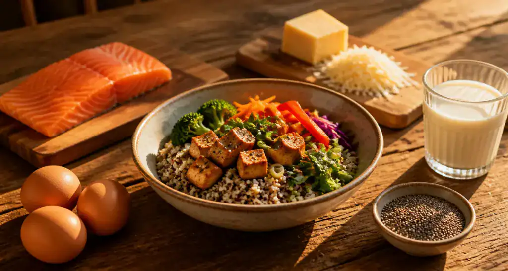 aliments et acides amines sur table en bois
