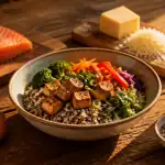 aliments et acides amines sur table en bois