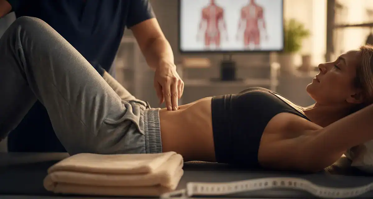 Diastasis ventre gonflé : test avec doigts au-dessus du nombril