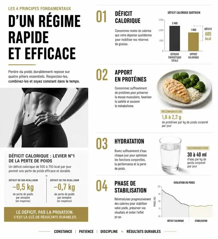 Infographie des principes d'un régime rapide et efficace pour la perte de poids