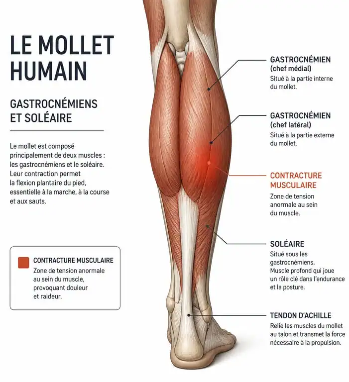 Schéma anatomique du mollet pour identifier une contracture au mollet