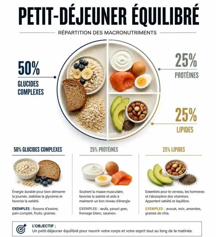 Infographie sur la répartition des macronutriments pour des calories au petit déjeuner équilibrées