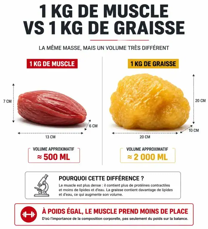 Comparaison visuelle entre muscle et graisse pour comprendre pourquoi on s'affine sans perdre de poids