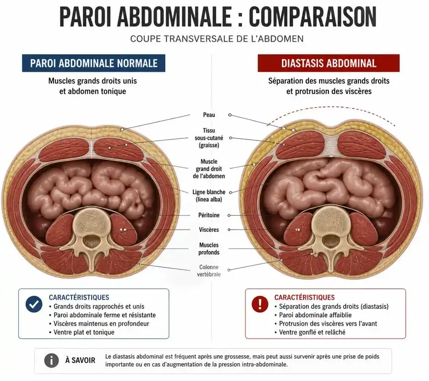 Schéma anatomique comparatif d'un diastasis abdominal provoquant un ventre gonflé