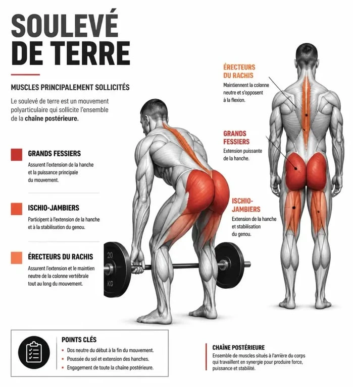 Schéma anatomique des muscles sollicités lors du soulevé de terre