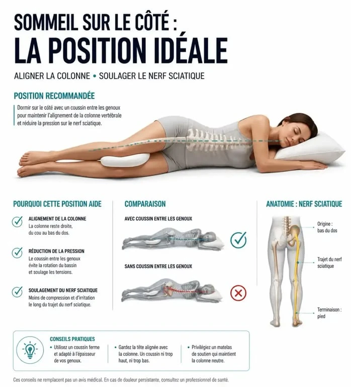 Position pour soulager la sciatique en dormant sur le côté avec un coussin