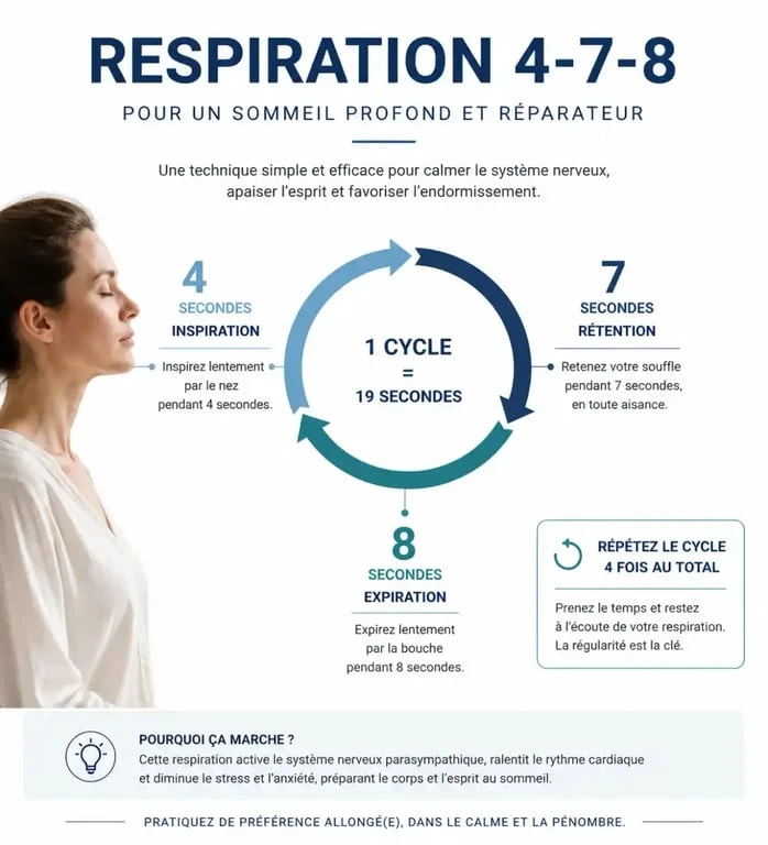 Infographie de la technique de respiration 4-7-8 pour trouver le sommeil rapidement