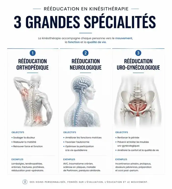 Infographie sur les types de rééducation en kinésithérapie