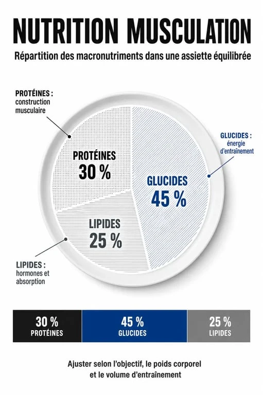 Infographie sur la nutrition pour la musculation : répartition des macronutriments pour la croissance musculaire