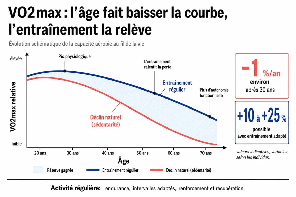 Graphique montrant l'évolution de la VO2max avec l'âge et l'impact de l'entraînement