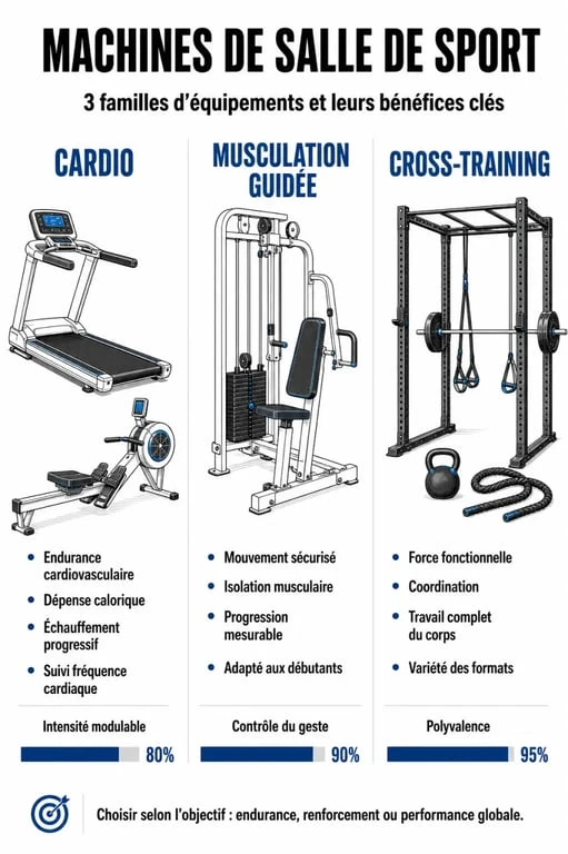 Infographie des différents types de machines de salle de sport et leurs bénéfices pour l'entraînement