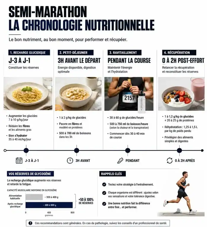 Infographie sur l'alimentation pour un semi marathon : phases de préparation et récupération