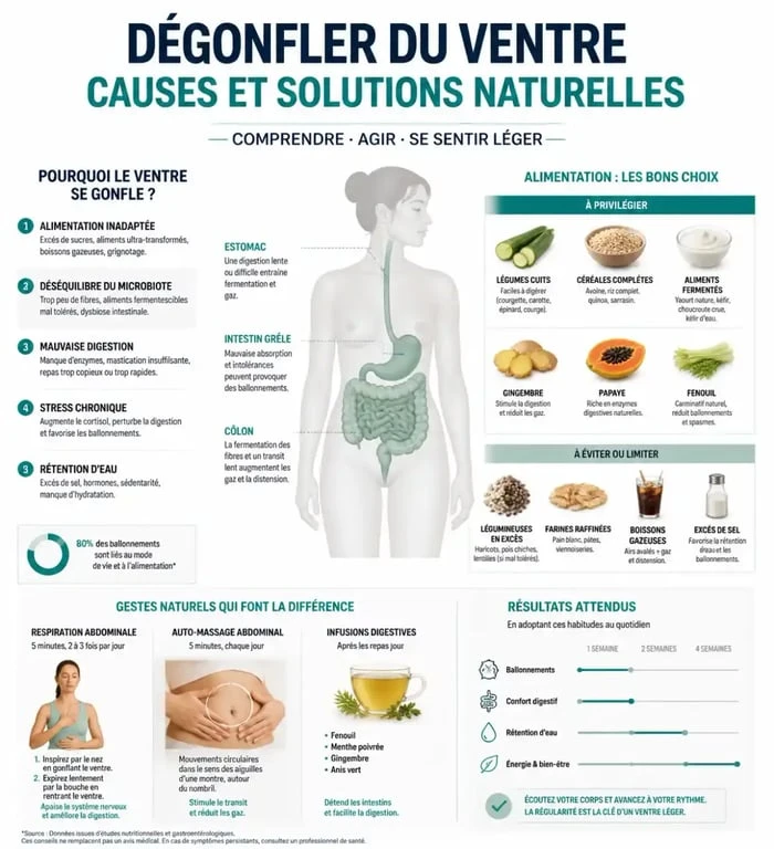 Infographie sur les solutions naturelles pour dégonfler du ventre et réduire les ballonnements