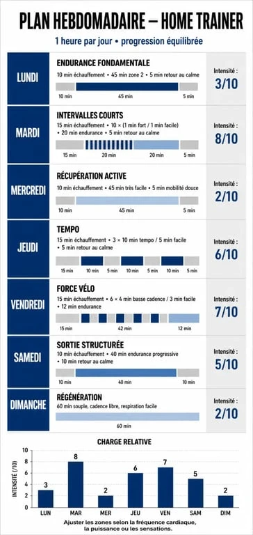 Plan d'entraînement hebdomadaire pour 1h de home trainer par jour