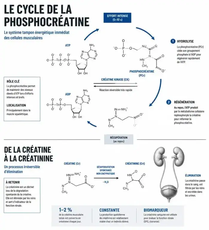 Schéma explicatif de la différence entre créatine et créatinine et le rôle de la phosphocréatine dans l'énergie musculaire