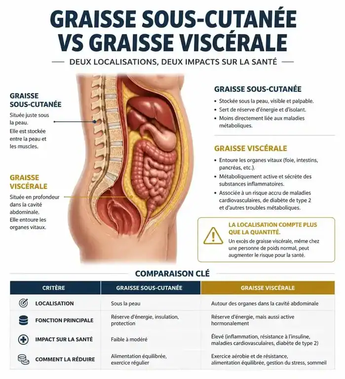 Schéma comparatif entre graisse sous-cutanée et graisse viscérale pour mieux comprendre comment perdre la graisse viscérale