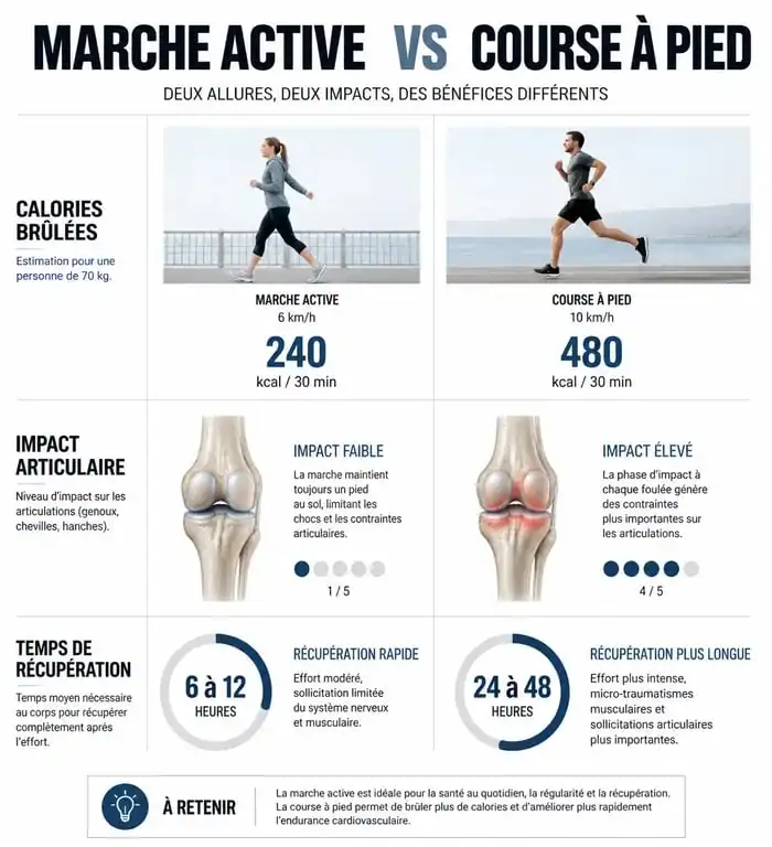 Infographie comparative : marche active vs course à pied pour la perte de poids et la santé