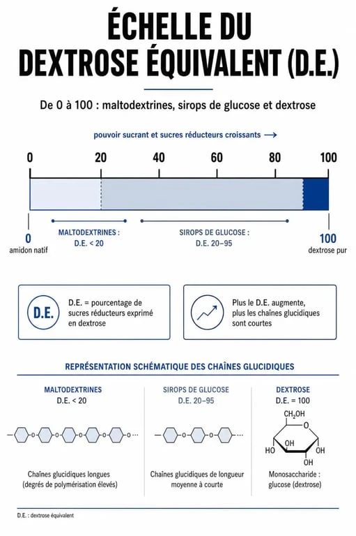 Infographie explicative sur le Dextrose Équivalent (D.E.) et la maltodextrine