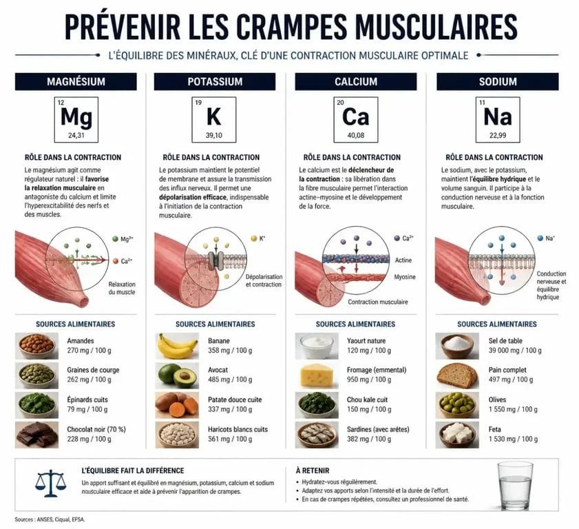 Infographie sur les minéraux essentiels pour éviter les crampes musculaires : magnésium, potassium, calcium et sodium