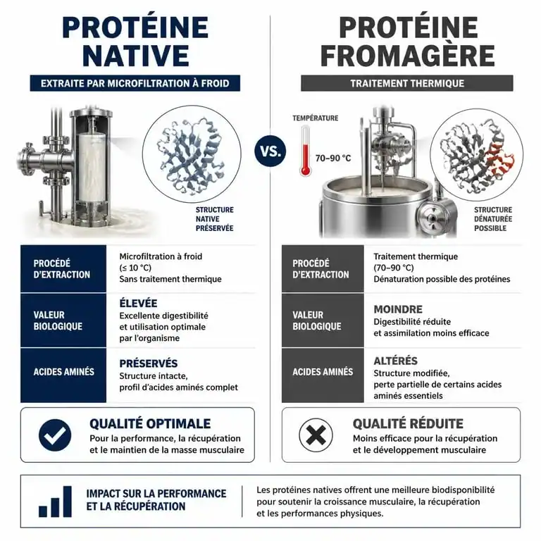 Infographie comparative entre protéine native et protéine fromagère pour choisir la meilleure marque de protéine