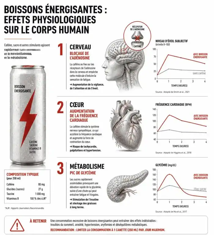 Infographie sur les effets des boissons énergisantes sur le corps humain et les risques pour la santé