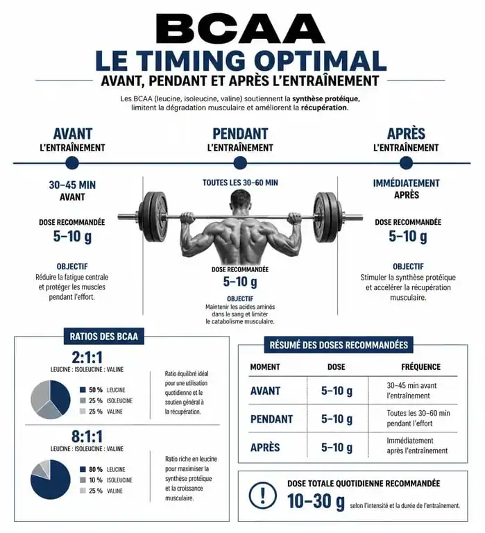 Infographie sur le timing et les dosages des BCAA pour la musculation et la récupération