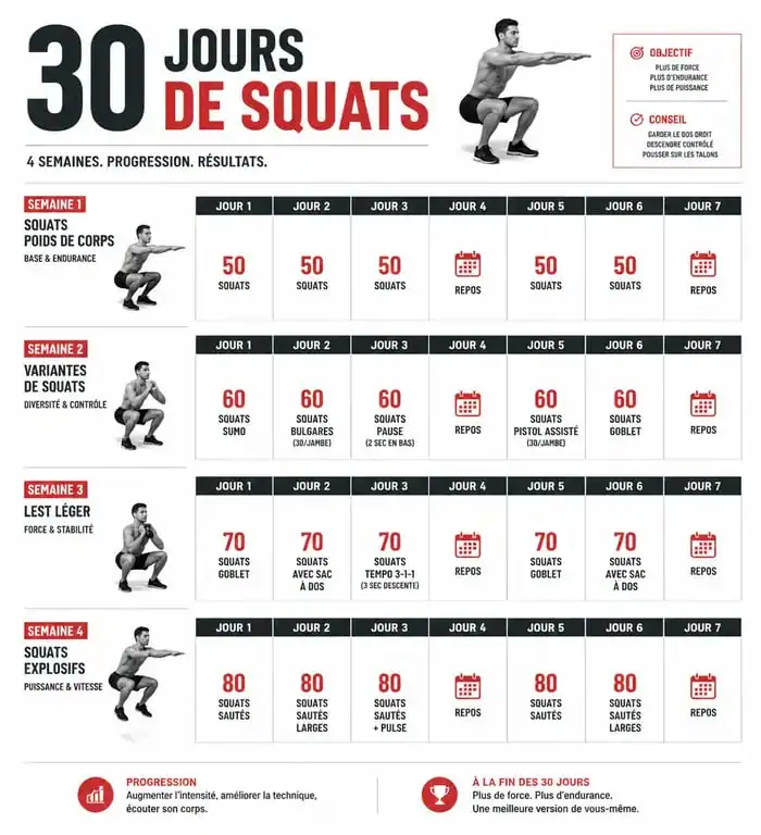 Infographie du programme de 30 jours pour le défi 50 squats par jour avant apres