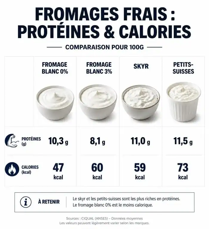 Infographie comparative des valeurs nutritionnelles du fromage blanc protéiné, skyr et autres produits laitiers