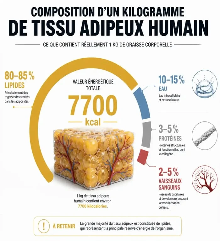 Infographie expliquant la composition de 1 kg de graisse corporelle et son équivalence énergétique de 7700 calories