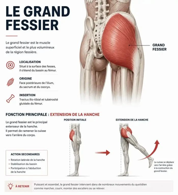 Schéma anatomique du grand fessier pour muscler le grand fessier efficacement