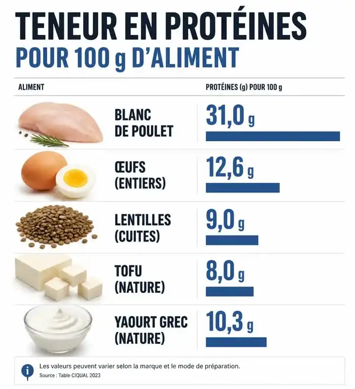 Infographie comparant la teneur en protéines de différentes sources alimentaires pour savoir comment manger plus de protéines