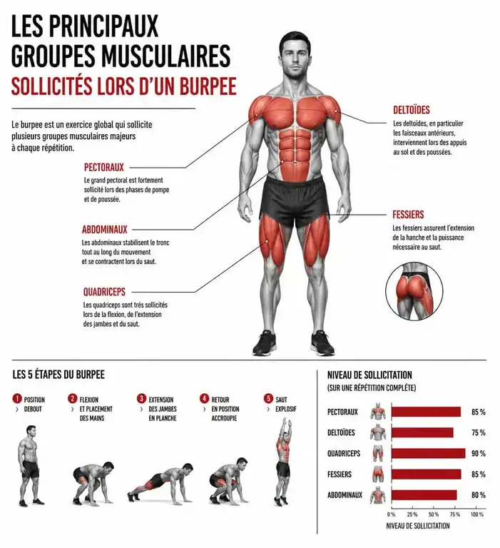 Infographie des muscles sollicités lors du challenge 50 burpees par jour pour une transformation physique