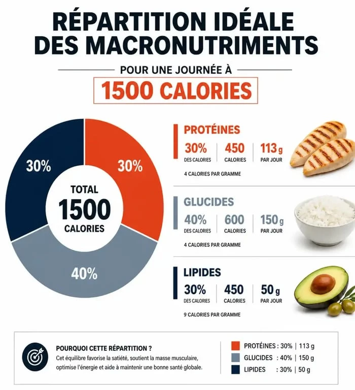 Répartition des macronutriments pour un régime à 1500 calories par jour