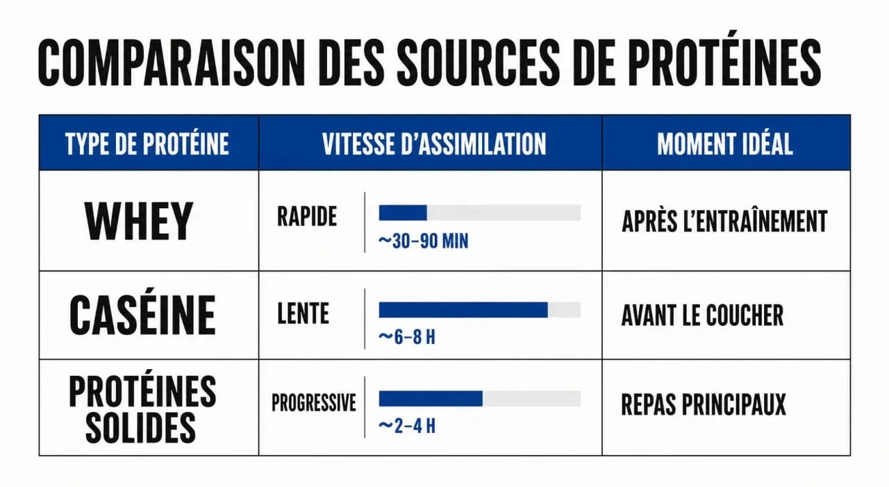 Infographie sur le timing optimal pour prendre de la protéine selon le type (Whey, Caséine, solide)