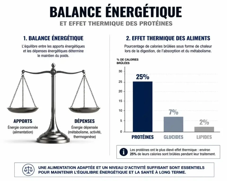 Infographie sur l'effet thermique des protéines et la balance énergétique pour comprendre si les protéines font grossir