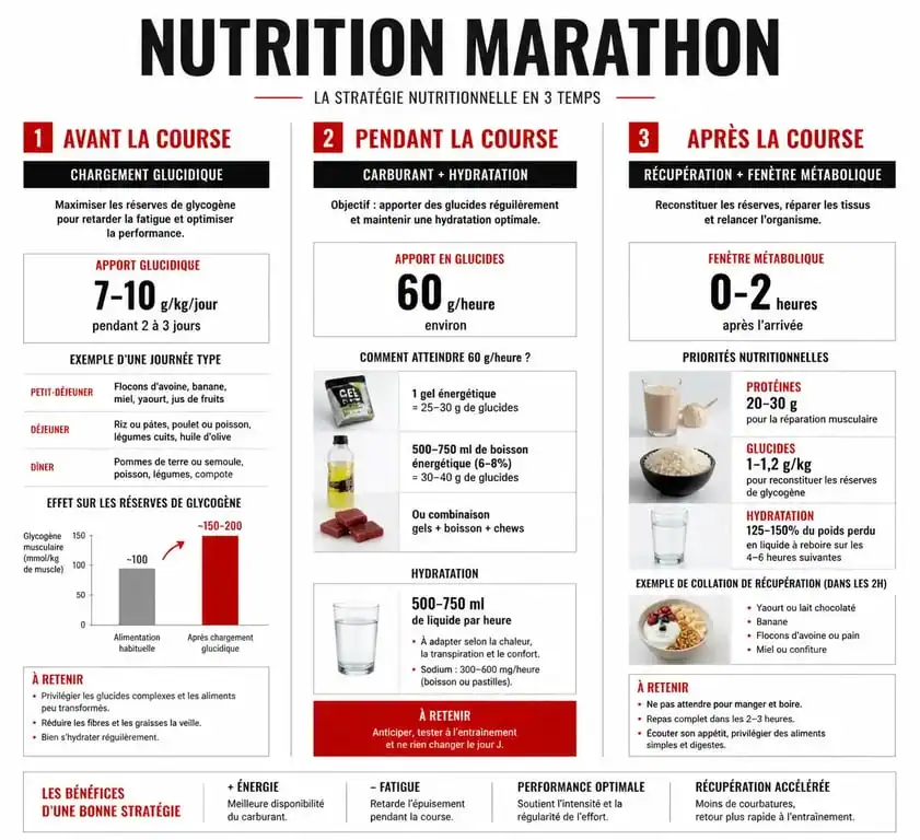 Infographie sur la stratégie d'alimentation pour un marathon : conseils nutritionnels avant, pendant et après la course.