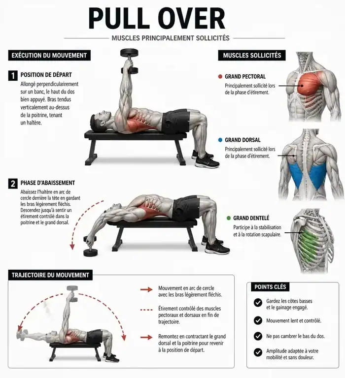 Schéma anatomique des muscles sollicités pendant l'exercice pull over pour la musculation