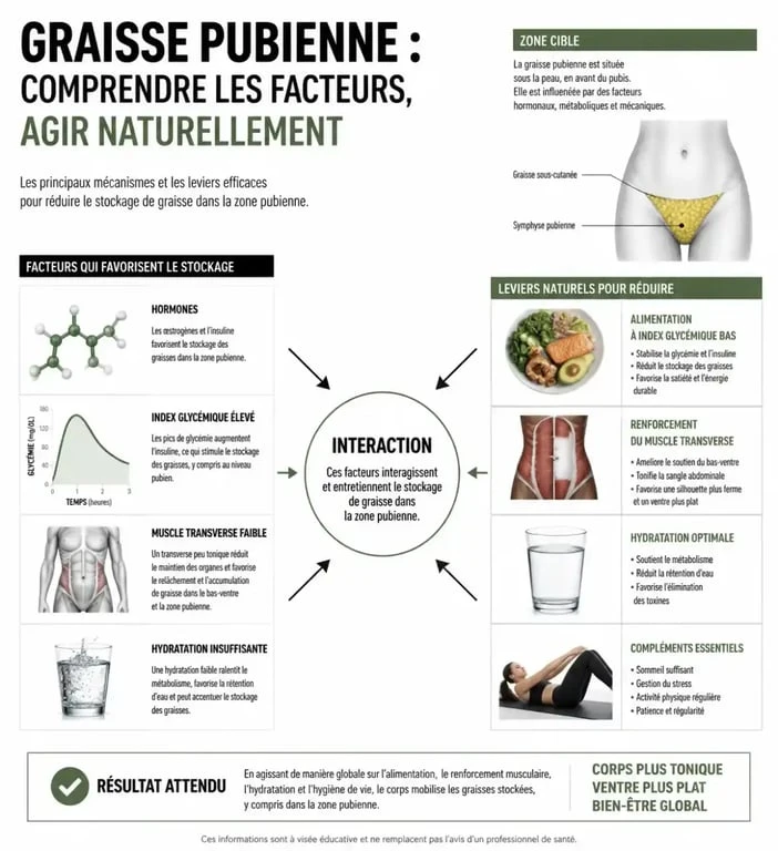 Infographie sur les méthodes naturelles pour perdre la graisse pubienne et affiner la silhouette