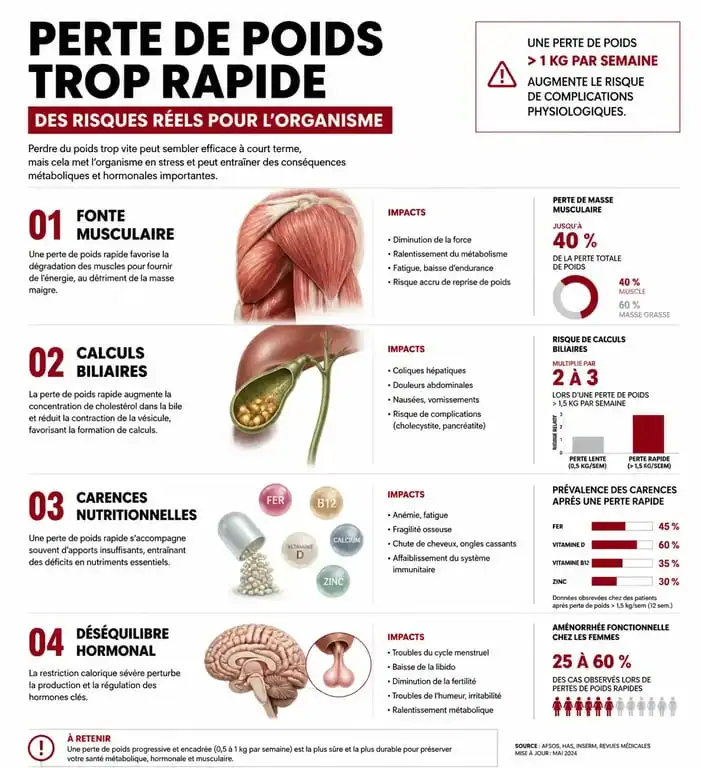 Infographie sur les conséquences d'une perte de poids trop rapide pour la santé