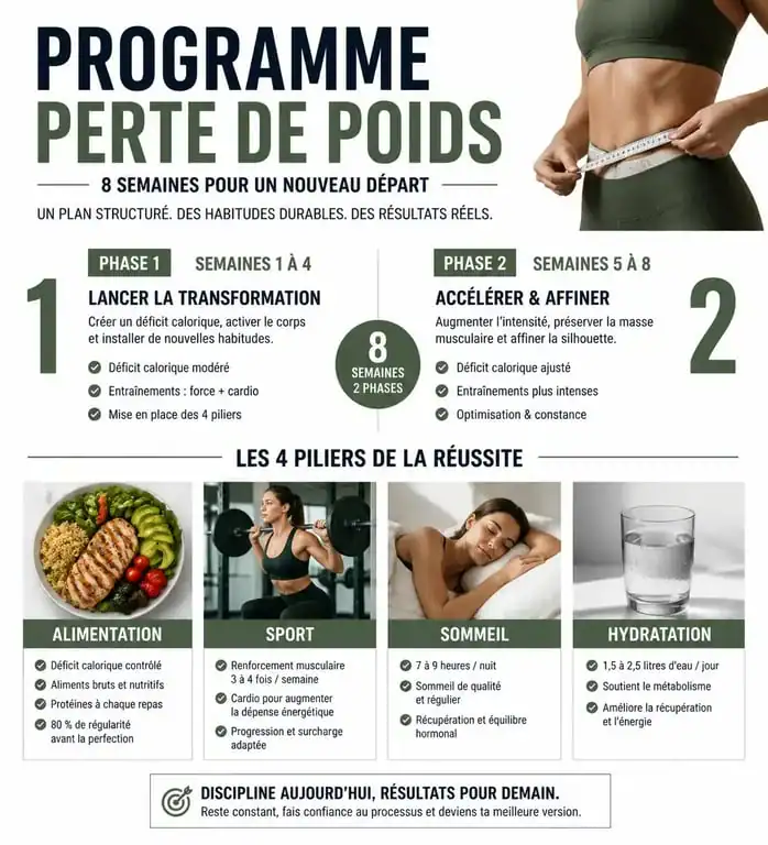 Infographie illustrant le programme pour perdre 5 kilos en 2 mois avec les étapes clés et les piliers de réussite.