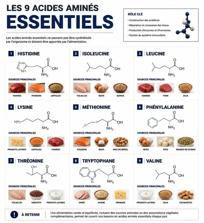 Infographie sur les acides aminés essentiels et les aliments riches en protéines pour une santé optimale