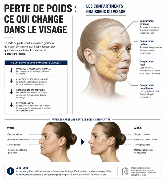 Schéma illustrant les effets de la perte de poids sur le visage et les zones de relâchement cutané
