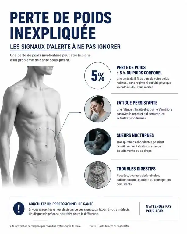 Infographie des signes d'alerte d'une perte de poids inexpliquée et seuil de 5%