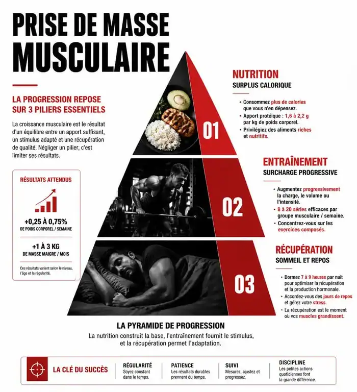 Infographie des piliers de la prise de masse musculaire : nutrition, entraînement et récupération