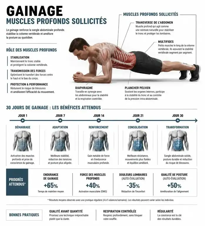 Infographie des muscles sollicités et résultats après 5 min de gainage par jour